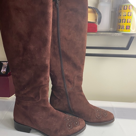 Le Pepe Italian womens Brown suede to the knee boots buckles Size 7 Plum Color - Picture 7 of 16